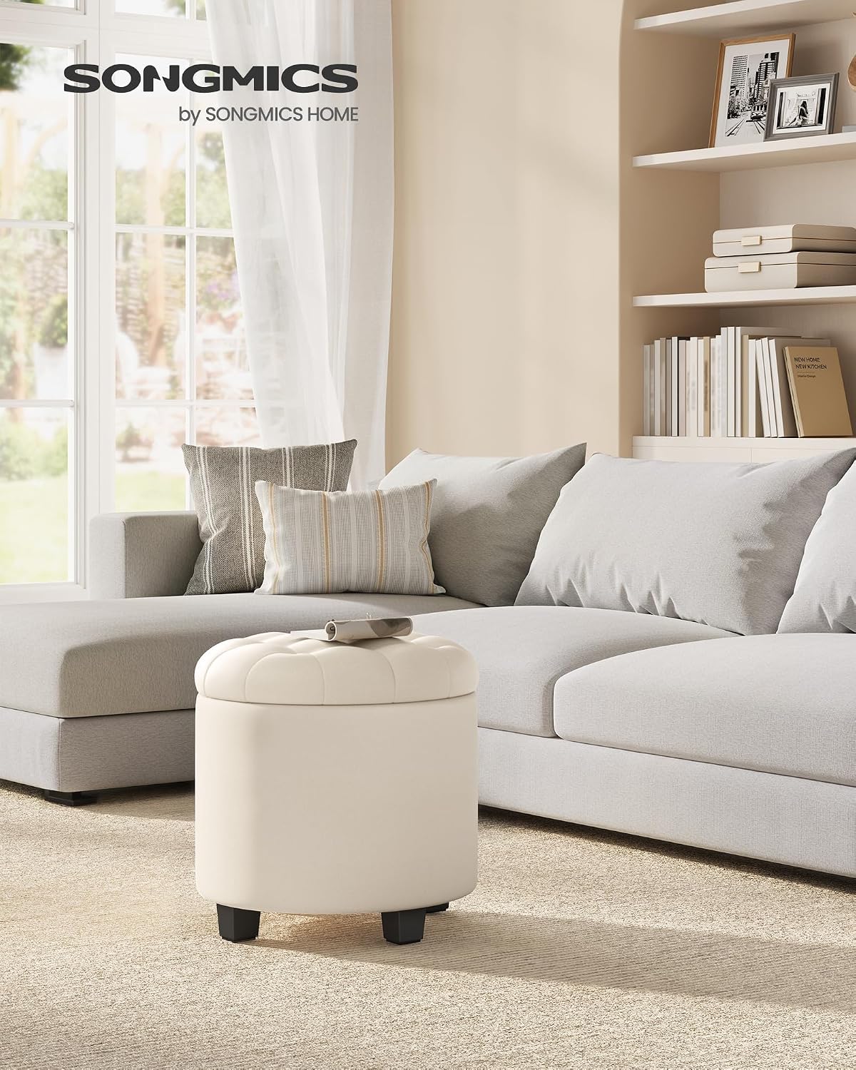 Detalle 2 de SONGMICS ULOM011W01 Round Storage Ottoman, Light Beige Linen-Look Fabric, 150 kg Capacity