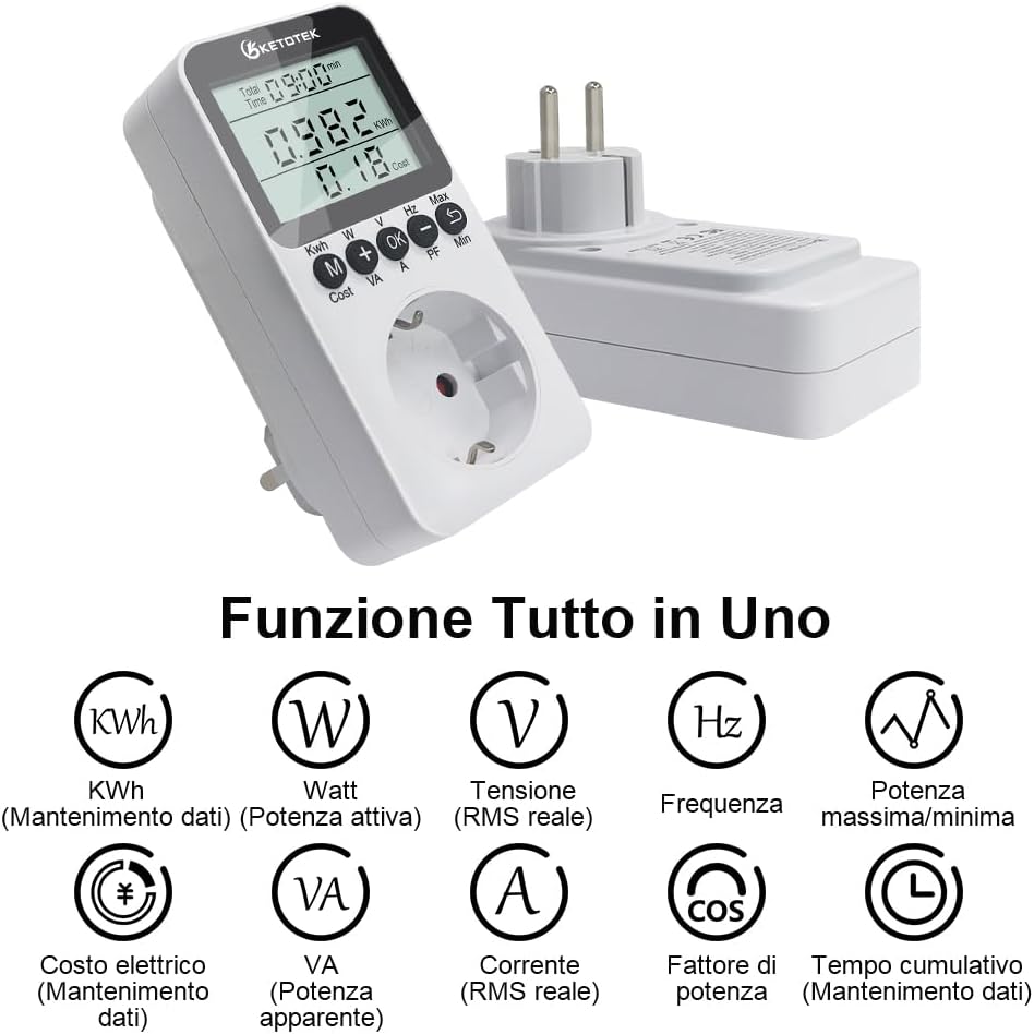 Thumbnail 1 de KETOTEK misuratore consumi elettrici con schermo LCD e presa, potenza fino a 3.680W