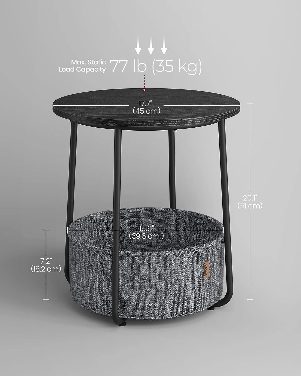 Detalle de VASAGLE LILEA LET223B01 Round Side Table with Fabric Basket, Ebony Black and Slate Grey
