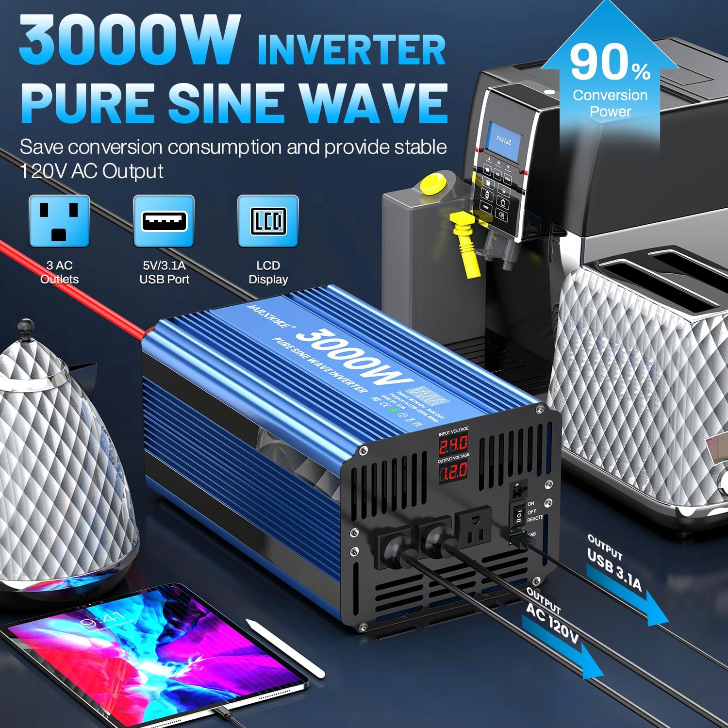 Detalle de 3000 Watt Pure Sine Wave Inverter (24V DC to 110/120V) with 3 Outlets, USB, LCD and Remote