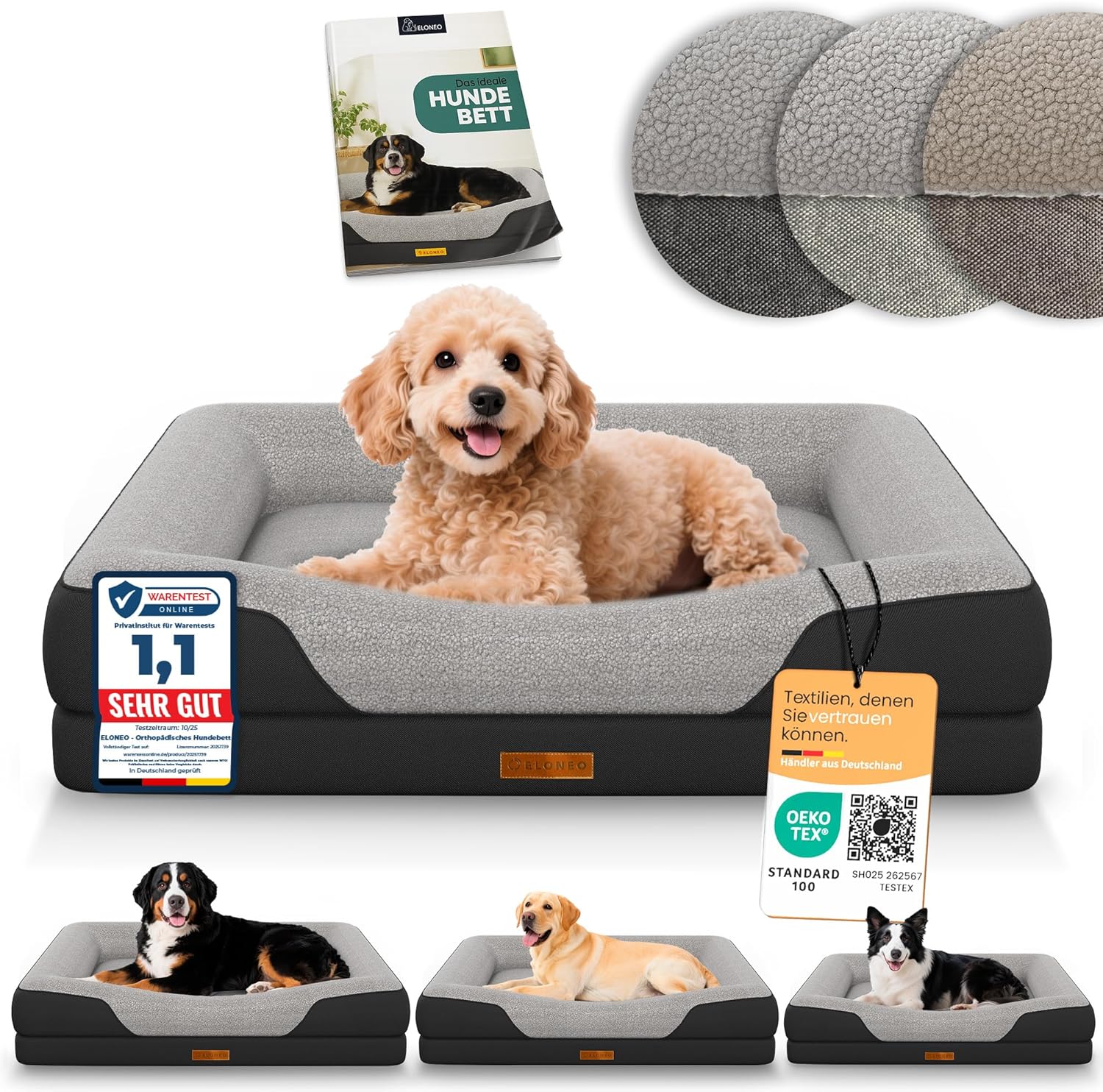 Detalle de ELONEO orthopädisches Hundebett klein 76x51x17 cm – Memory Foam, wasserdicht, waschbar, schwarz