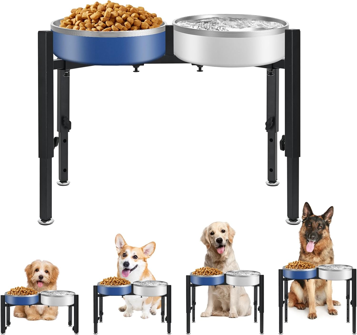 Elevated Raised Dog Bowl Stand with 4 Height Adjustments (Quadrangle) – Stainless Steel Single Bowl Feeding Station