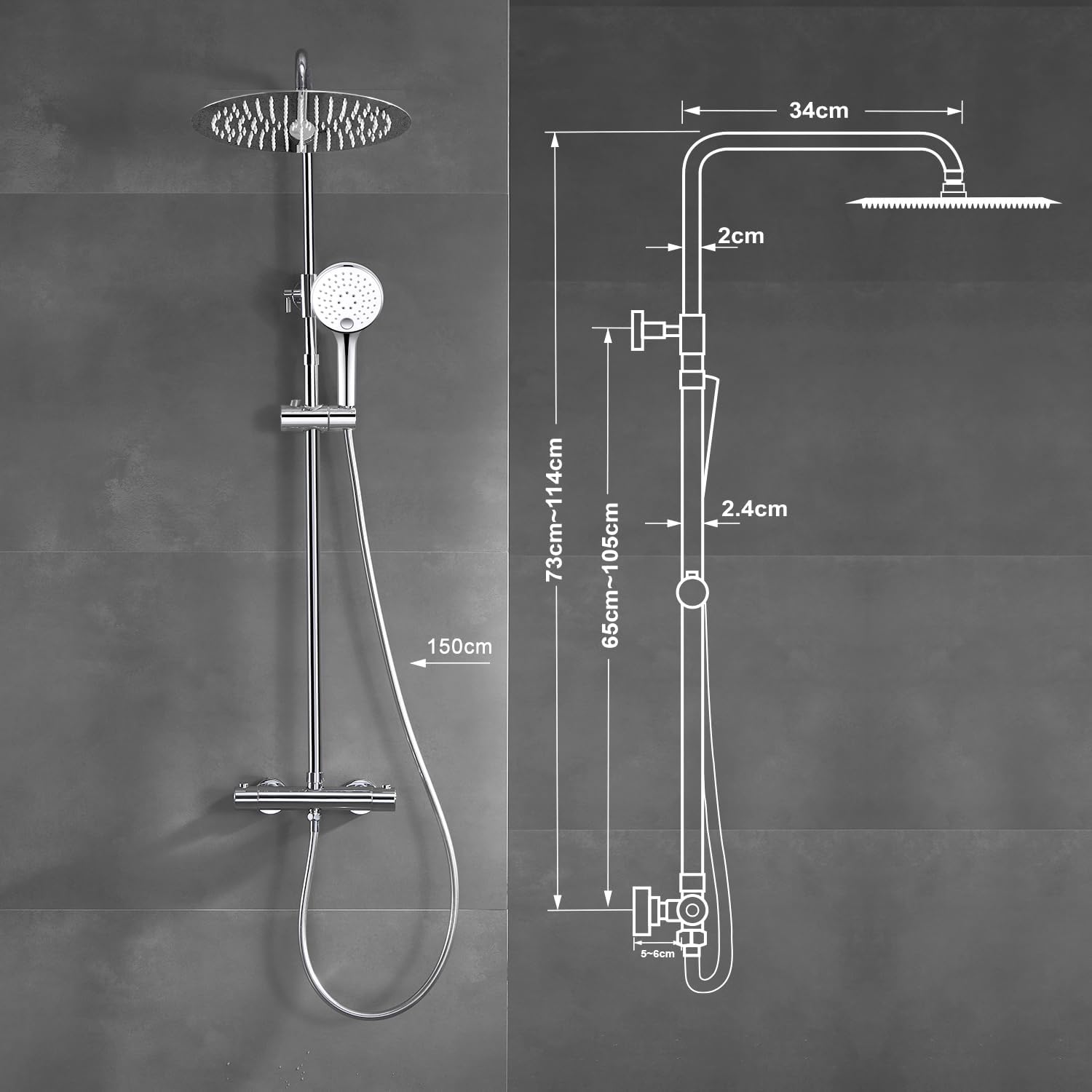 Detalle 2 de JOHO Edelstahl Duschset mit Thermostat, Regendusche 25 cm (D25) und Handbrause