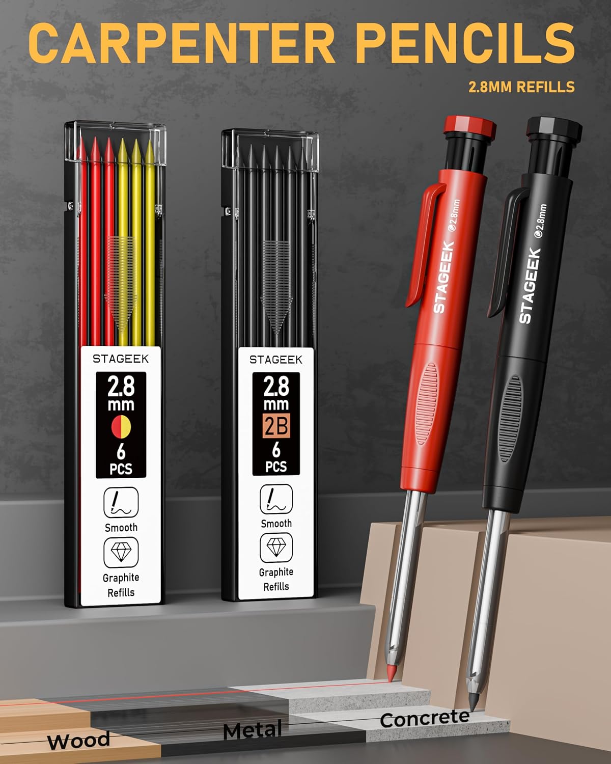 Detalle de STAGEEK Ensemble de crayons de charpentier avec taille-crayon, recharges, outil de traçage en carbure et gomme 4B