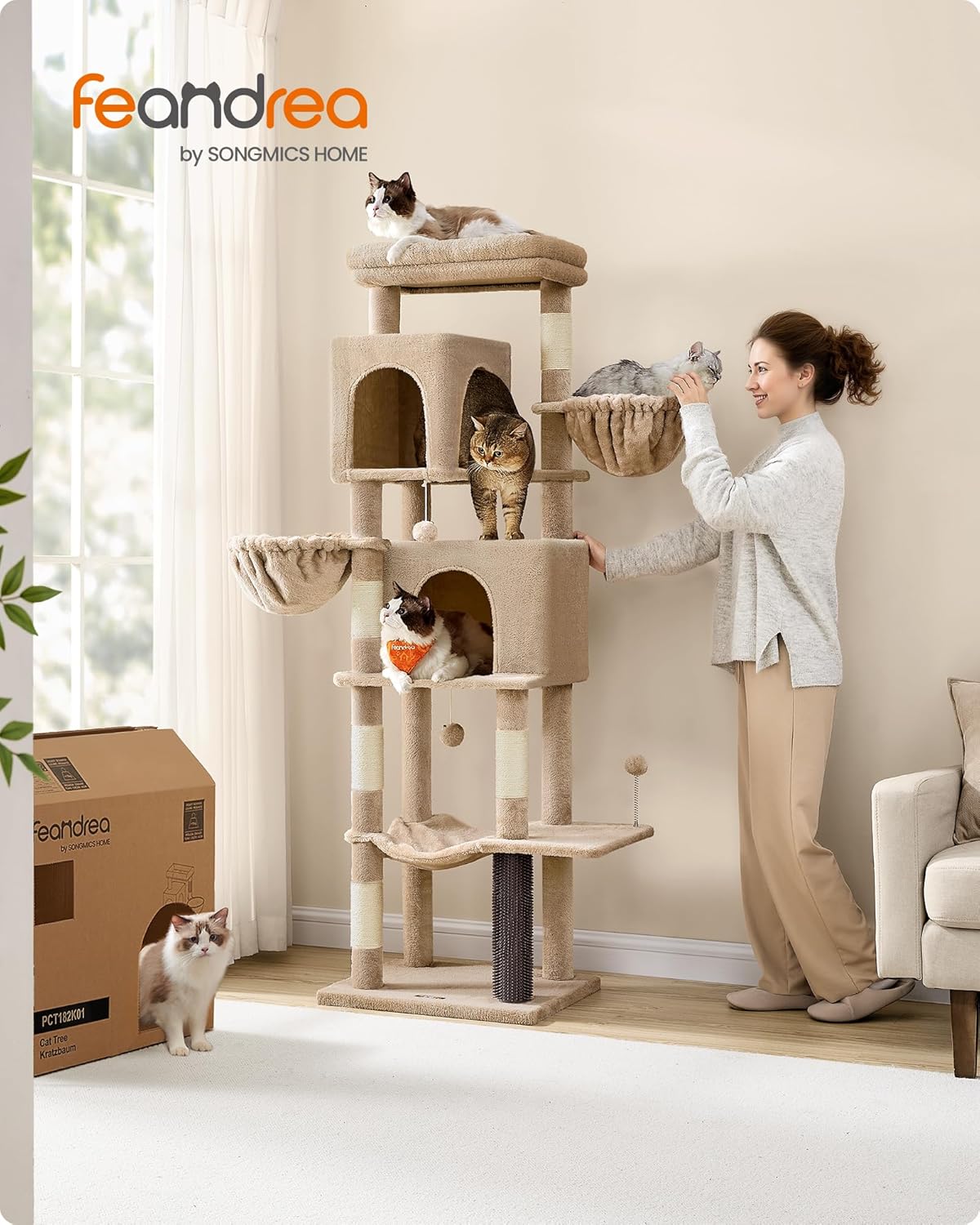Thumbnail 1 de Feandrea Grand Arbre à Chat, Tour 175 cm – Multi-niveaux avec 2 Niches, 2 Paniers, 5 Griffoirs et Hamac (Marron Camel) PCT182K01