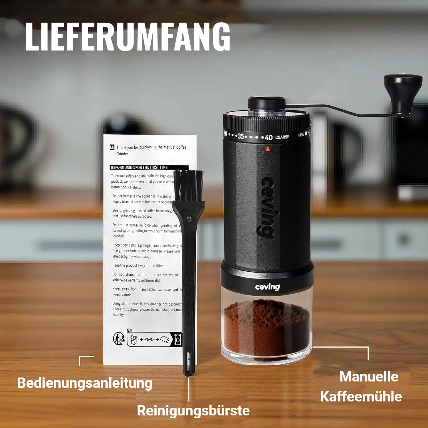 Thumbnail 6 de CEVING Weltweit Erster Manueller Kaffeemahlwerk mit 60 g Kapazität – Keramik-Kegelmahlwerk, 40 Stufen, tragbar