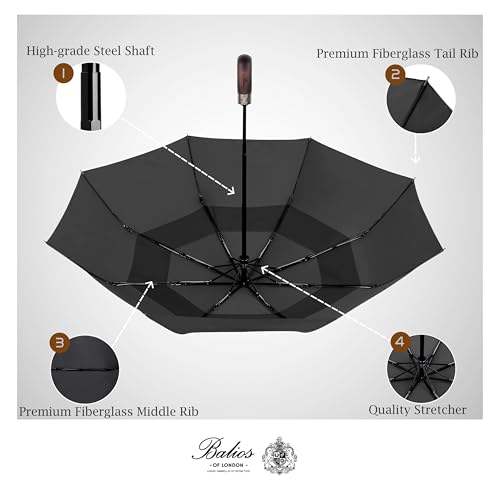 Thumbnail 4 de Balios Folding Umbrella Real Wood Handle Auto Open Close Black