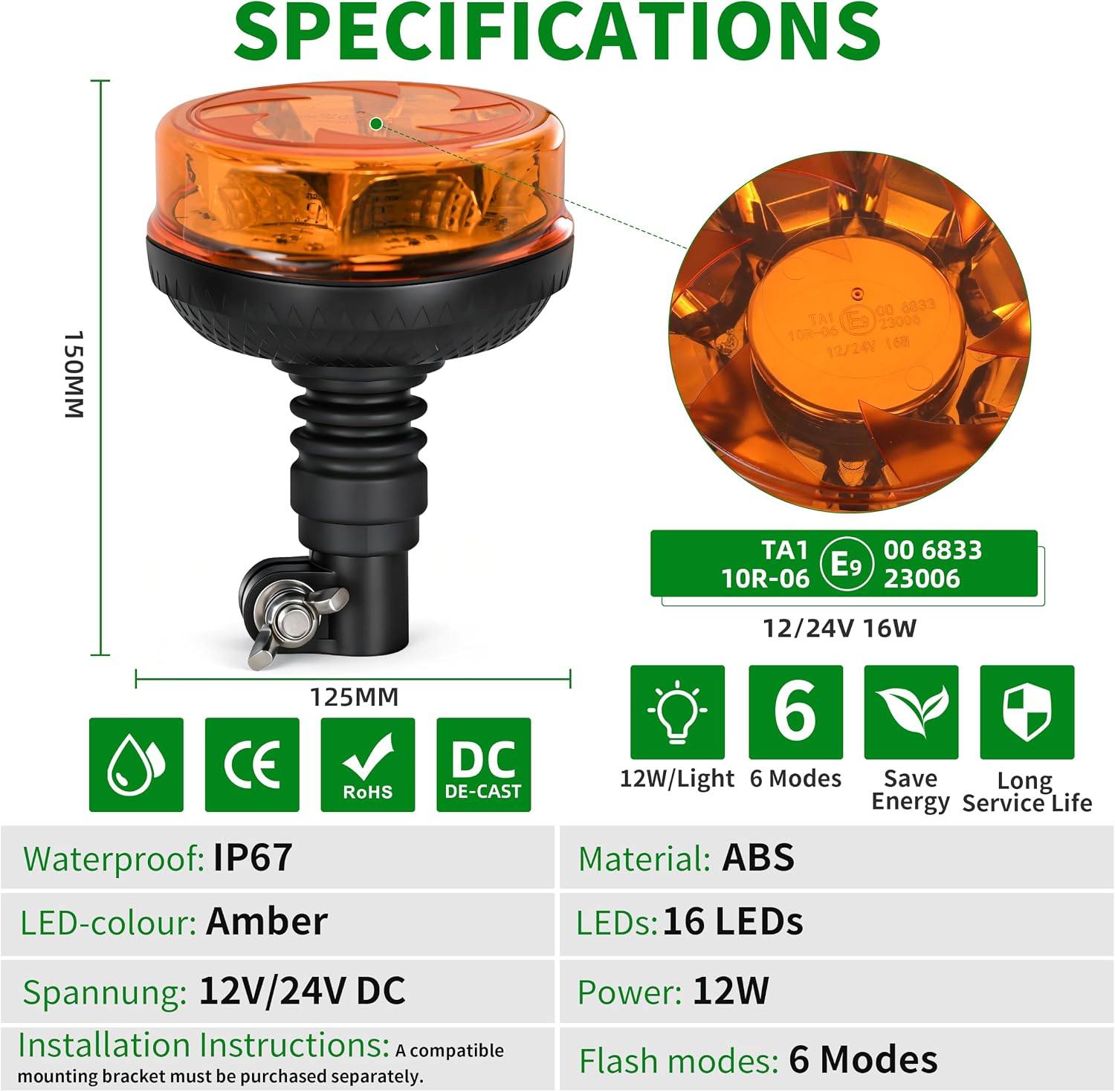 Detalle 2 de Yuanjoy LED Beacon Light Orange Warning Light 12V-24V DC — 6 Flash Patterns, IP67, 360° Coverage