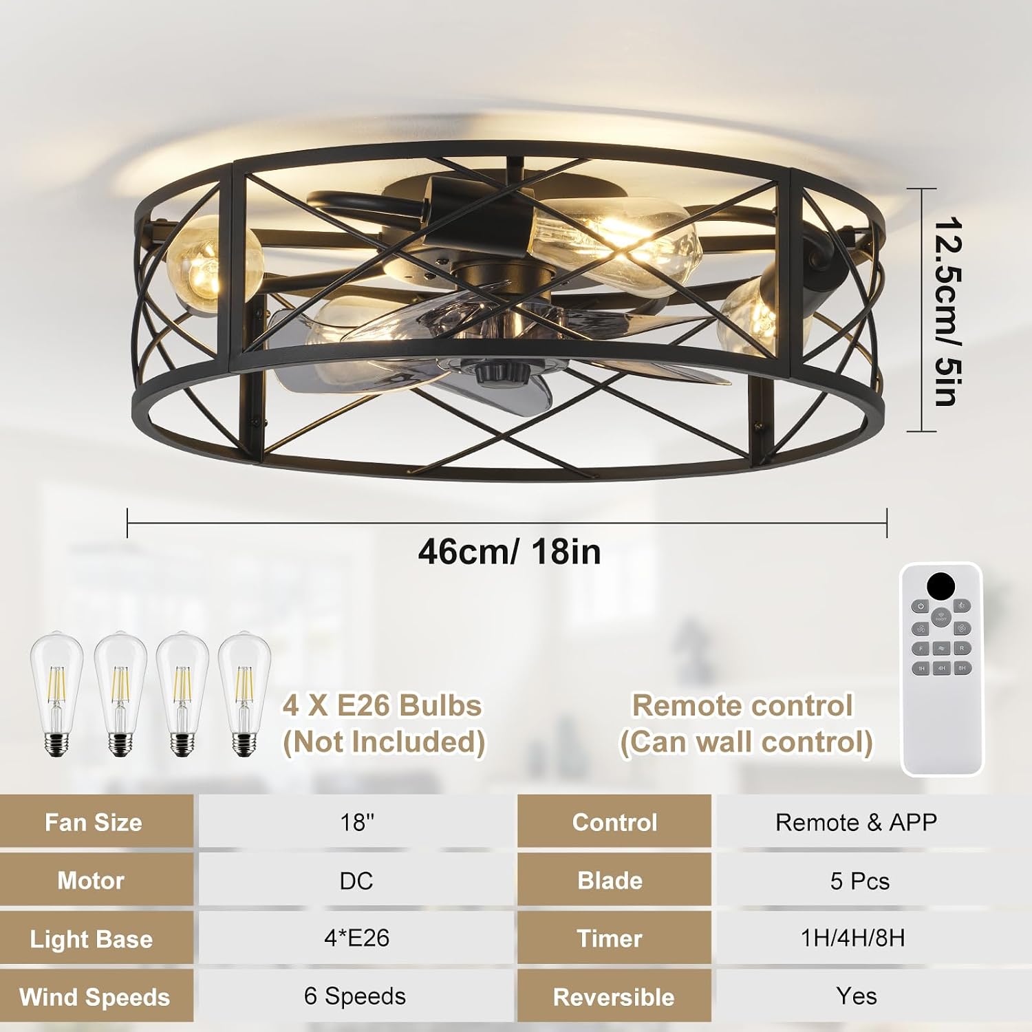Detalle de UNRRYI 25449 18-Inch Caged Ceiling Fan with Light, 6 Speeds and App Control