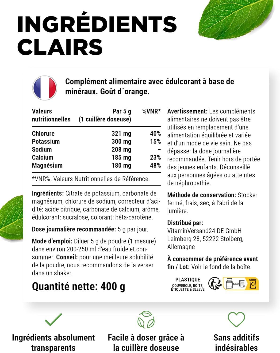 Detalle de Vit4ever Electrolytes vit4ever – 400 g (80 portions) goût orange, sans sucre, vegan