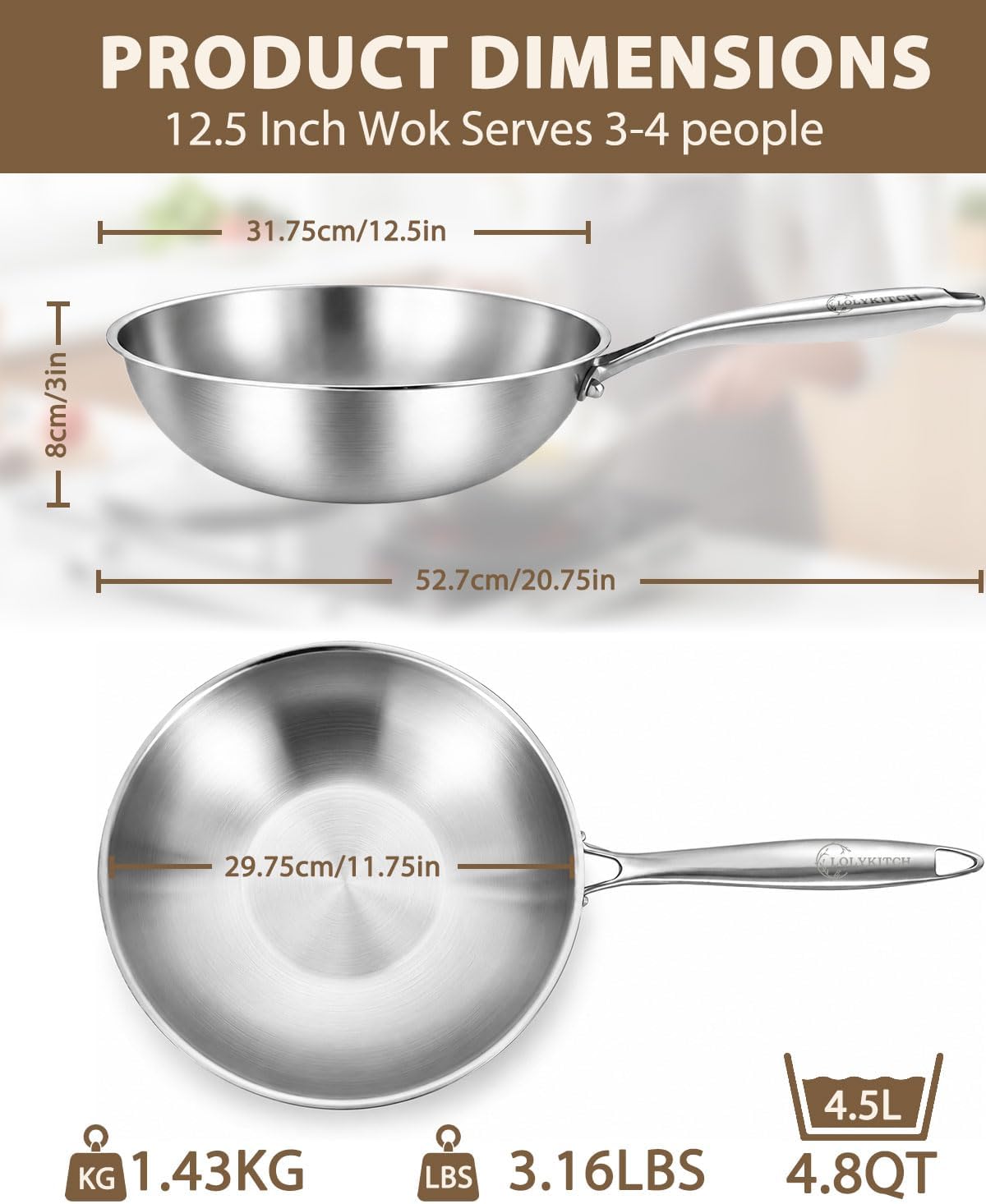 Detalle de LOLYKITCH 12 Inch Tri-Ply Stainless Steel Wok Pan