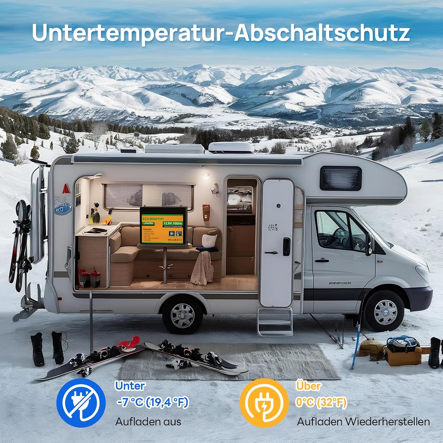 Detalle de ECO-WORTHY 12 V 100 Ah LiFePO4-batteri med Bluetooth och 12/24 V-laddare