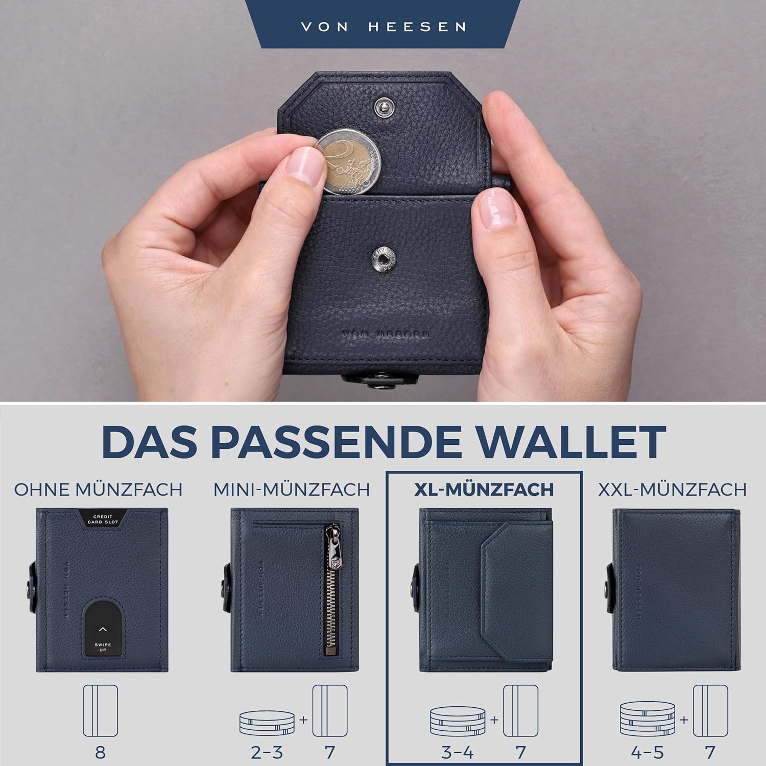 Thumbnail 5 de VON HEESEN Slim Wallet mit XL Münzfach & RFID-Schutz – Mini Geldbörse aus Nappa-Leder, Blau