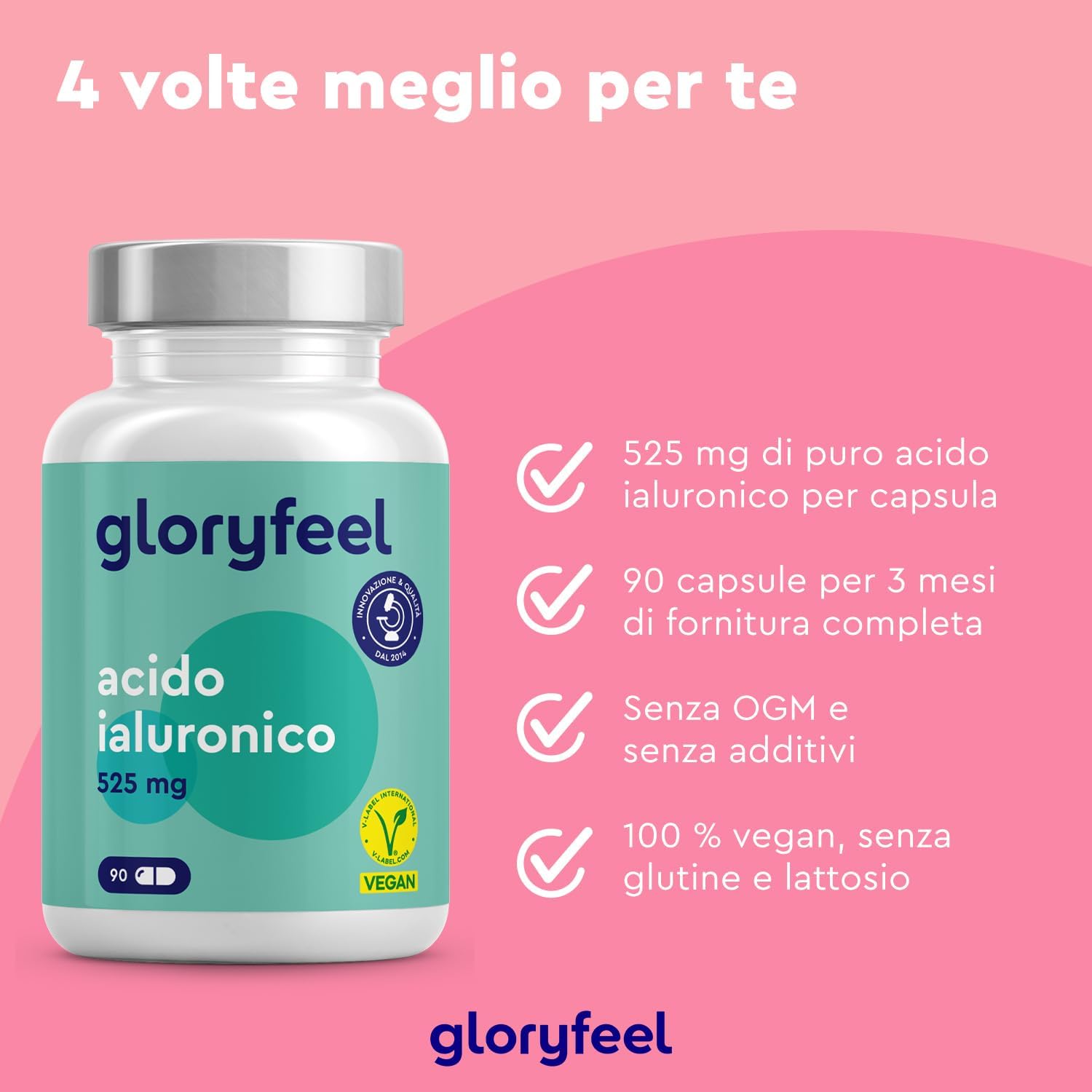Thumbnail 1 de Acido Ialuronico Integratore: puro 525 mg in capsule vegan per pelle, articolazioni e ossa (500–700 kDa) – 90 capsule