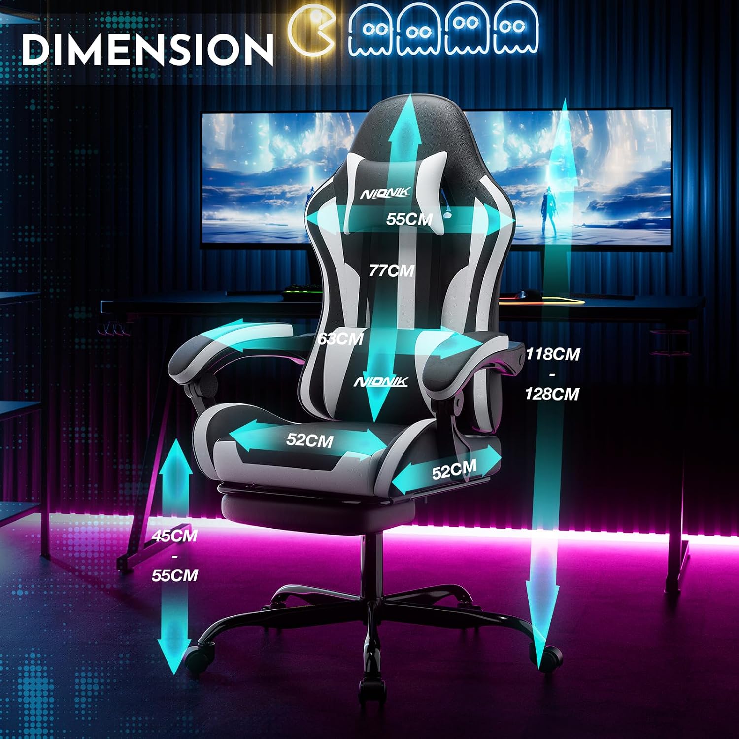 Detalle 2 de NIONIK 602 Gaming Chair, Black and White Leather with Footrest and Lumbar Support