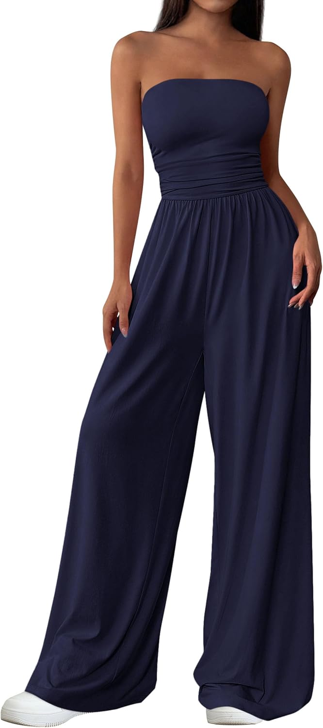 Detalle de PRETTYGARDEN Womens Trendy Strapless Rompers: Ruched Tube Top Wide Leg Jumpsuit