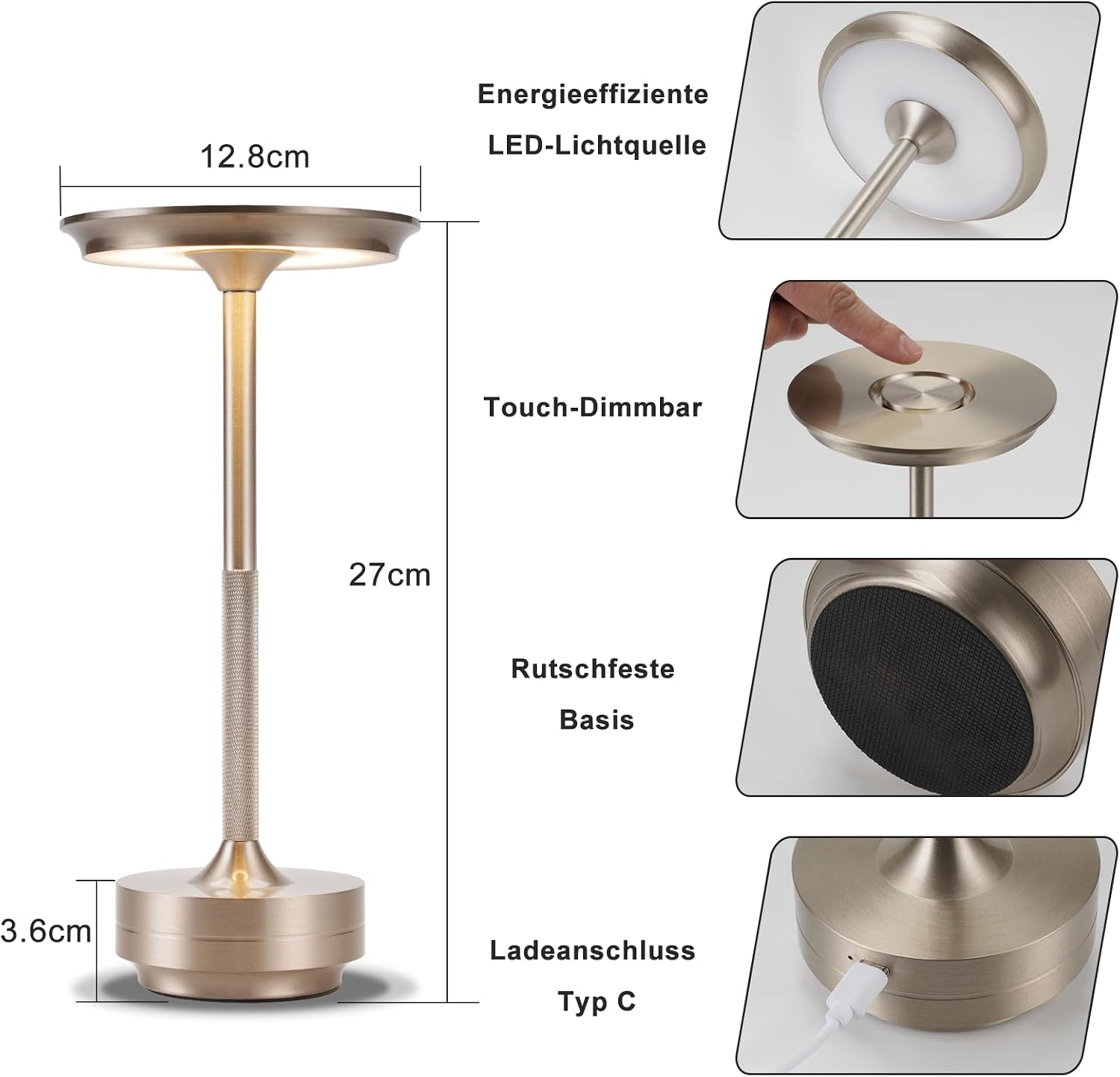Detalle de meoaow trådlös LED-bordslampa med touch, dimning och USB-C, nickel
