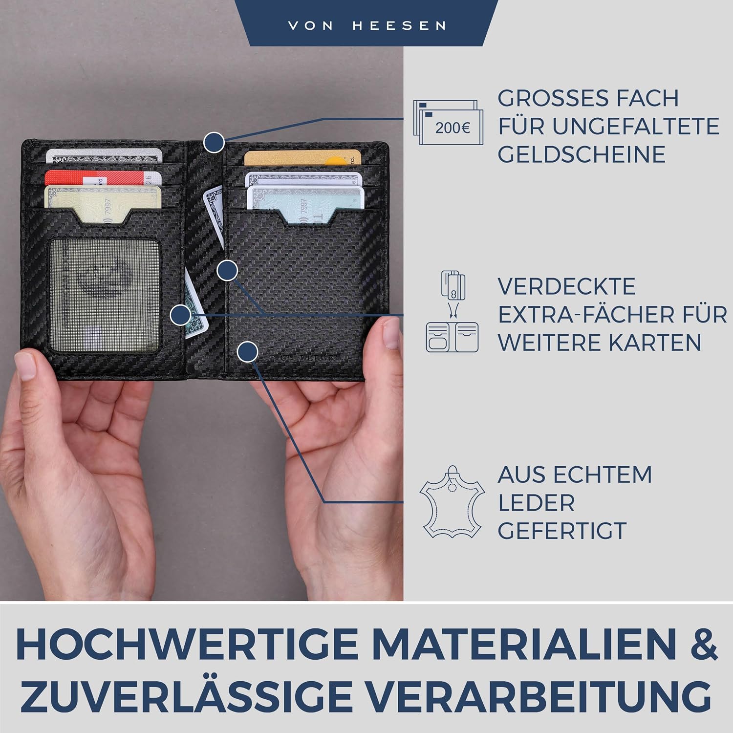 Detalle de VON HEESEN Herren-Leder-Geldbörse Carbon-Schwarz mit RFID-Schutz
