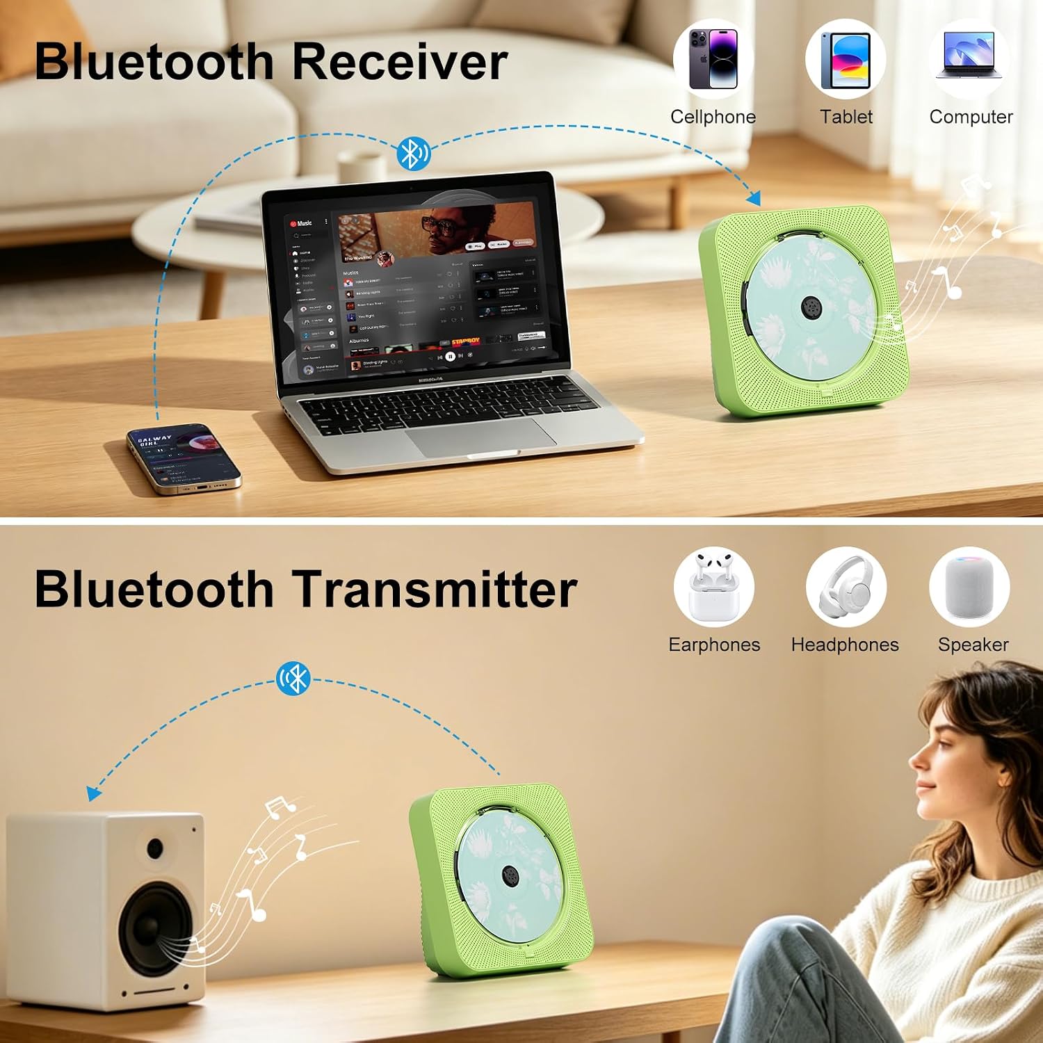 Thumbnail 2 de ZYOKATA Desktop CD Player with Bluetooth 5.1, Stereo Speakers, FM Radio, Green