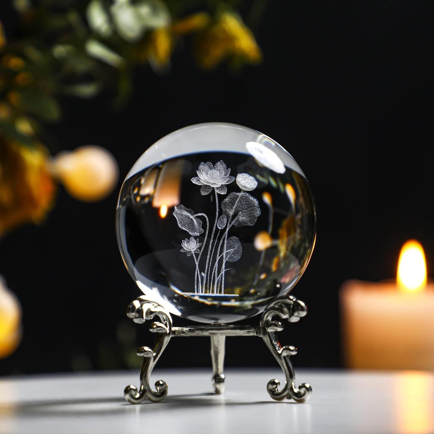 Thumbnail 5 de HDCRYSTALGIFTS 60mm 3D Lotus Flower Crystal Ball with Stand – Glass Laser Engraved Paperweight & Décor