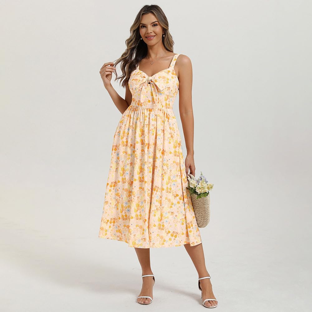 Detalle 2 de Belle Poque Robe longue à fleurs pour femme – Nœud avant, Dos froncé, Bretelles spaghetti