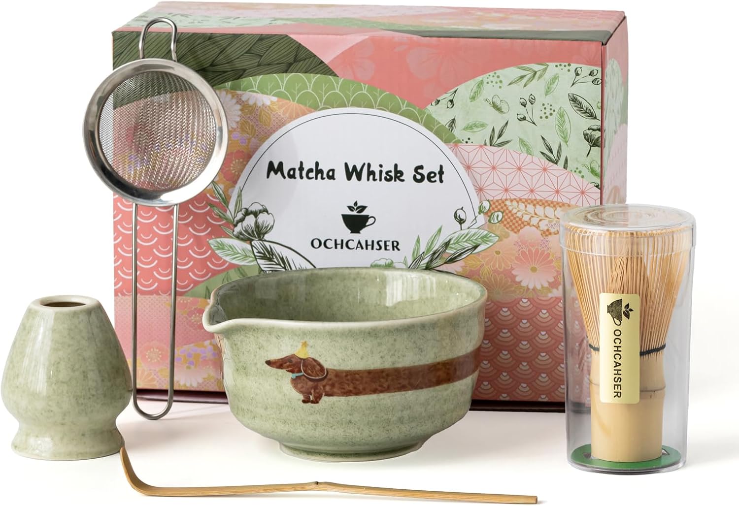Detalle de Ochcahser 抹茶セット 犬柄の陶器ボウル 500ml/17オンス 注ぎ口付き・竹製茶筅と茶杓