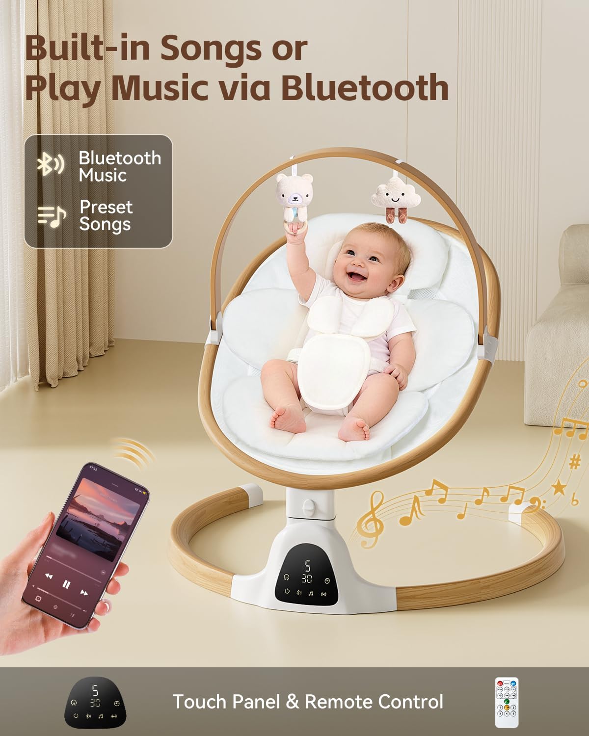 Detalle 1 de Wnttmt Electric Baby Swing with 5 Speeds, 5-Point Harness and Bluetooth