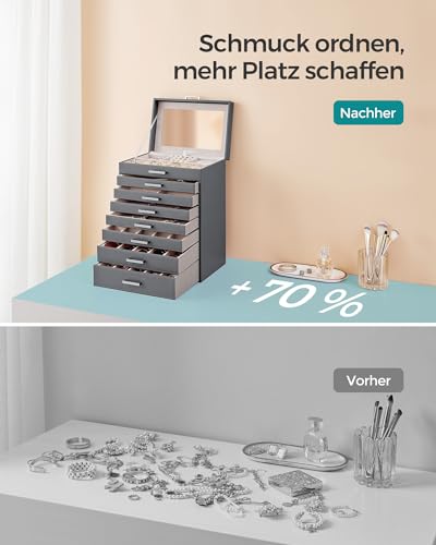 Thumbnail 6 de SONGMICS Schmuckkästchen JBC008G02 – 8 Ebenen, großer Spiegel, 7 Schubladen, schiefergrau