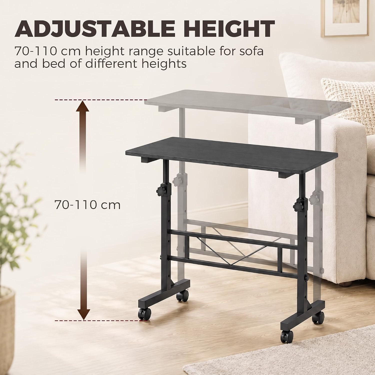 Detalle 2 de HOMCOM 838-634V00BK Overbed Table, Adjustable Height, Wheeled, 80 x 40 cm