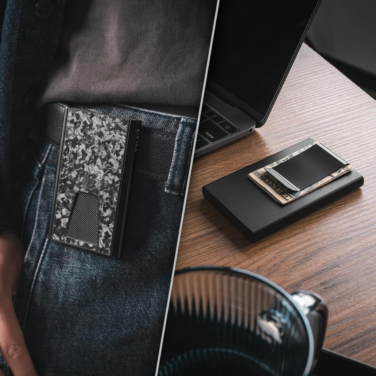 Detalle de VULKIT Slim Card Wallet with Money Clip (Forged Carbon Black) RFID Blocking metal holder