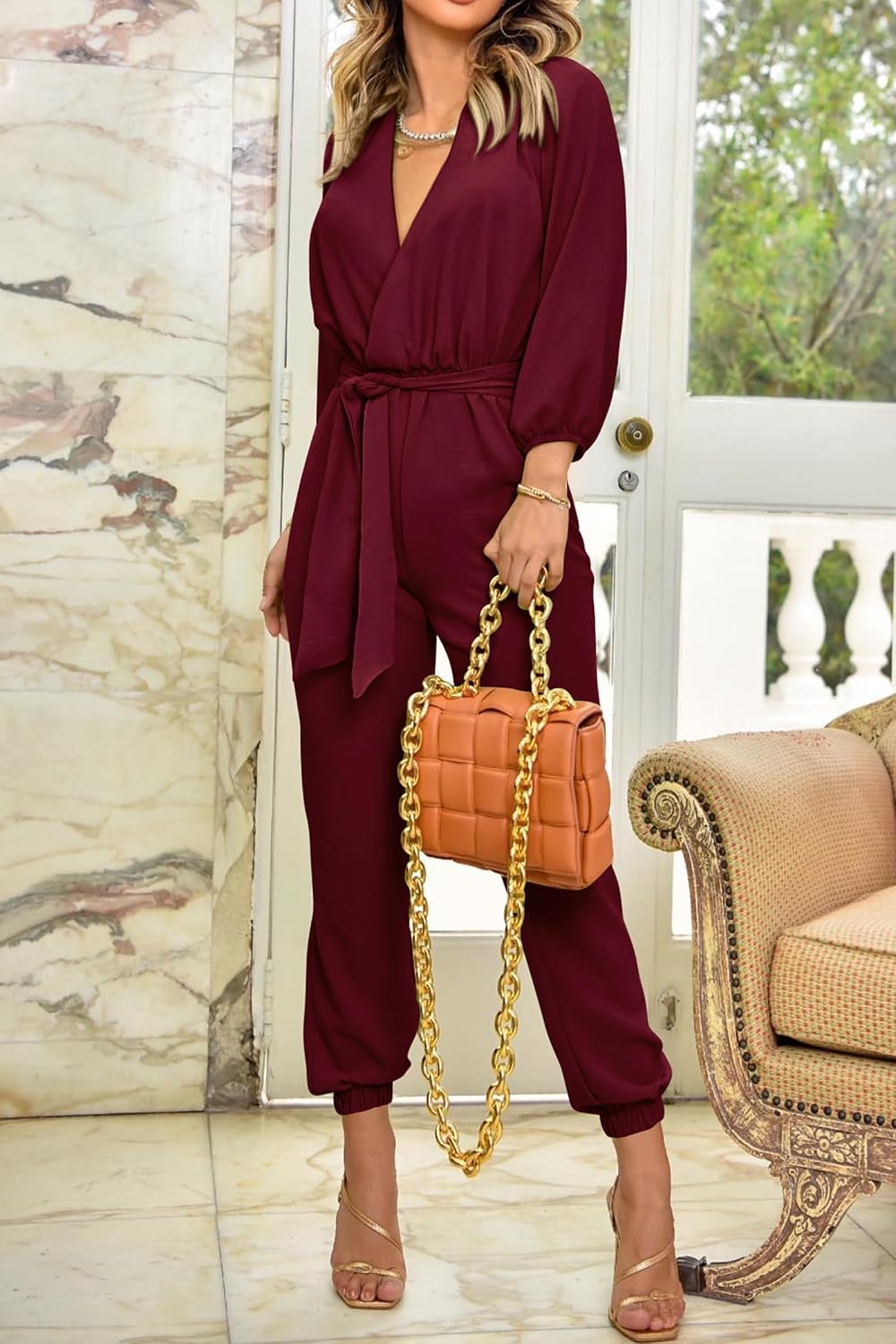 Thumbnail 6 de PRETTYGARDEN Women’s Long Sleeve V-Neck Jumpsuit Romper with Belt and Pockets