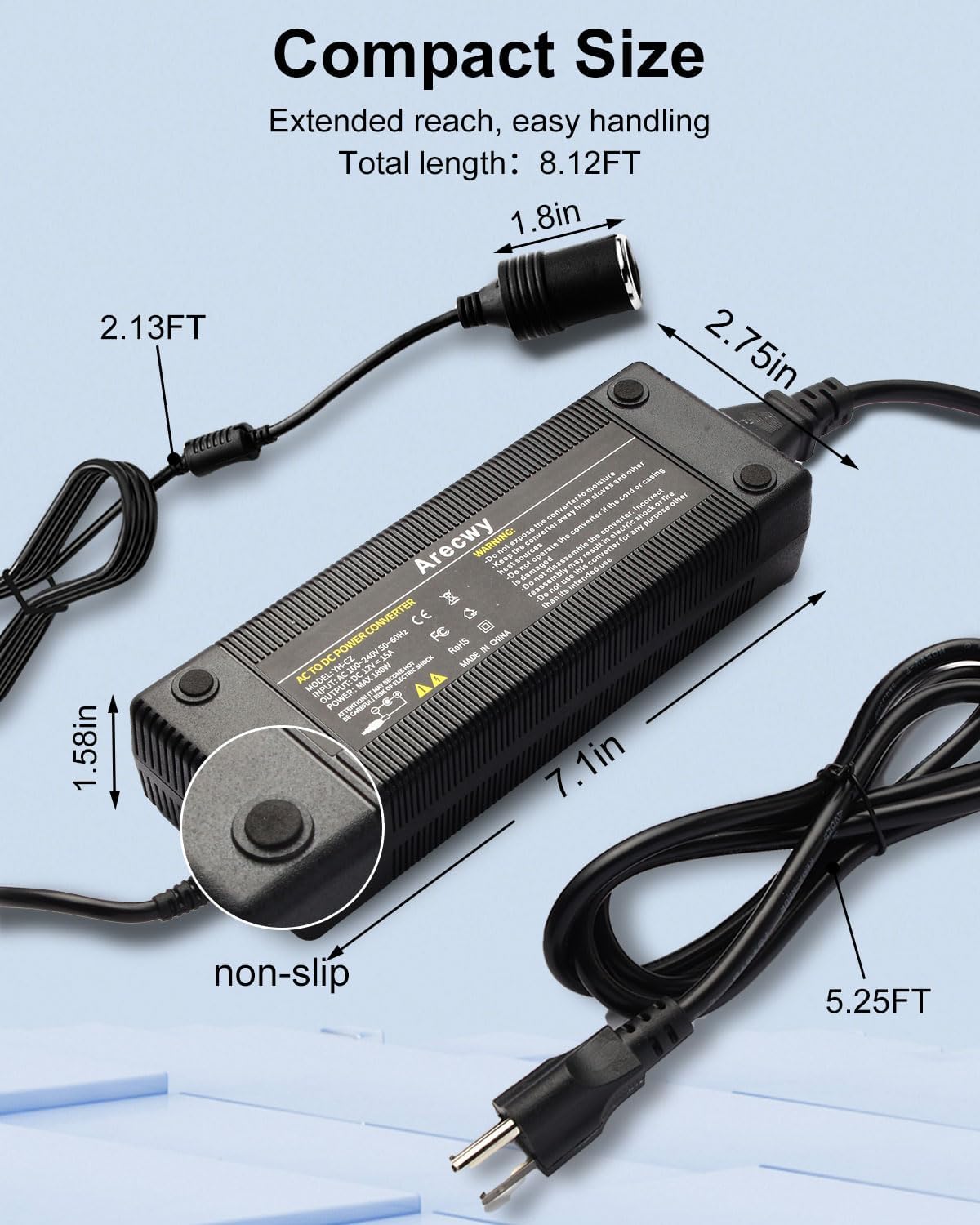 Detalle de Arecwy 12V 15A AC-to-DC Converter, 180W with Cooling Fan