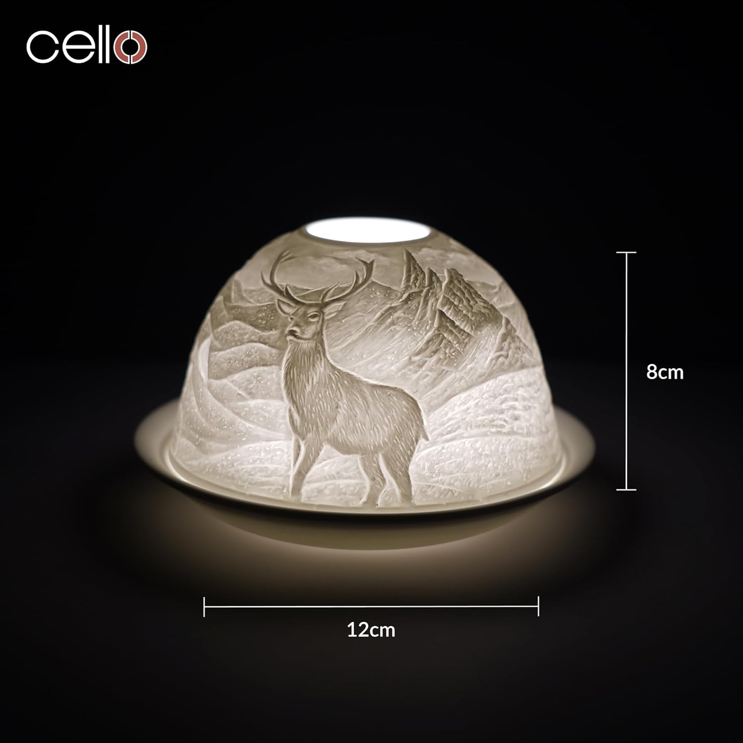 Thumbnail 2 de Cello Photophore en porcelaine en forme de dôme avec cerf en lithophane – effet 3D