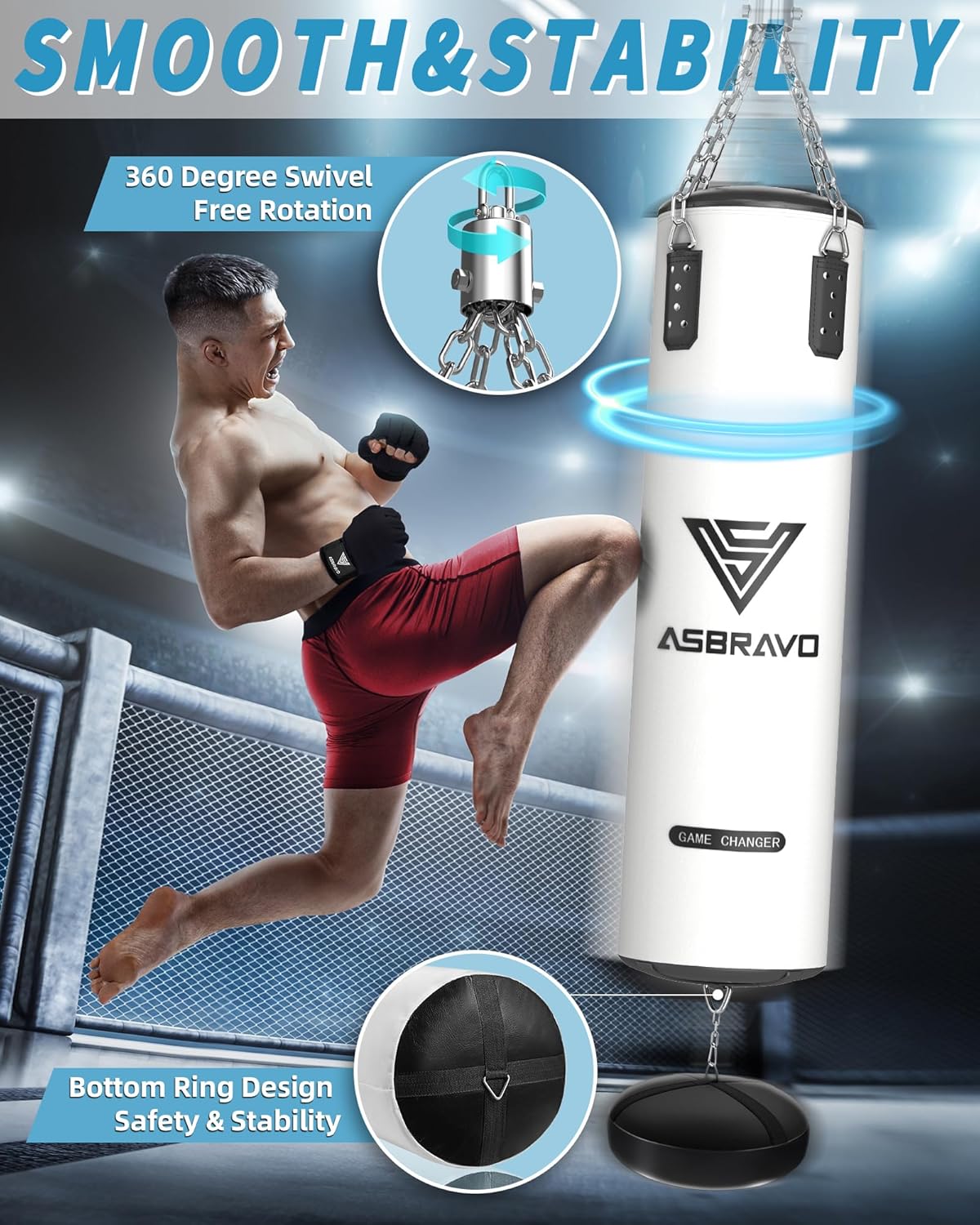 Thumbnail 3 de ASBRAVO Boxsack für Erwachsene – 4ft PU-Leder, ungefüllt, inkl. 12oz Boxhandschuhe, 5m Handwraps, Springseil und Griffstärkungsgerät