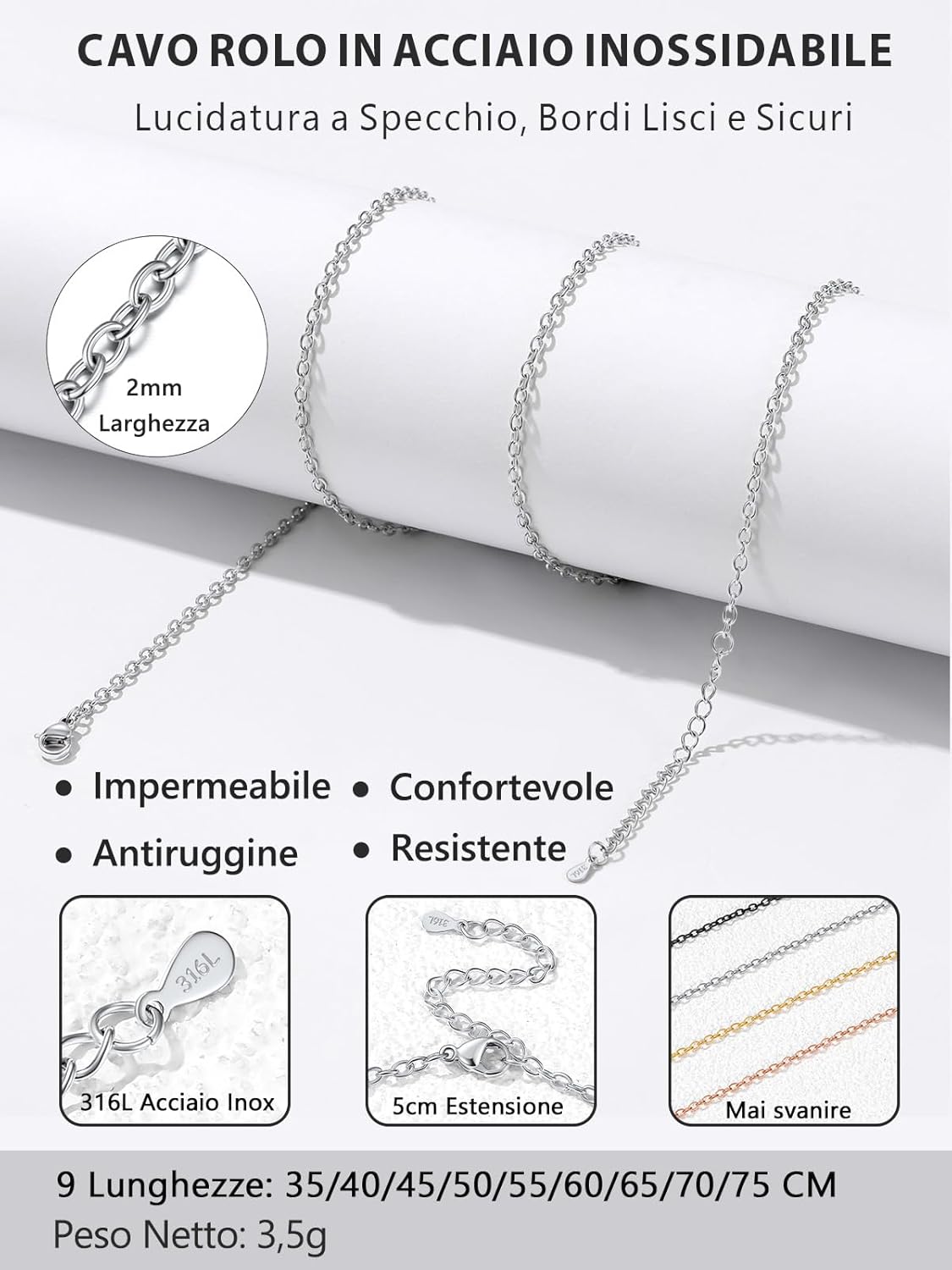 Thumbnail 3 de Silvora Catenina in Acciaio 2 mm per Donna e Uomo – Lunghezze 35–75 cm, acciaio inox 316L, confezione regalo