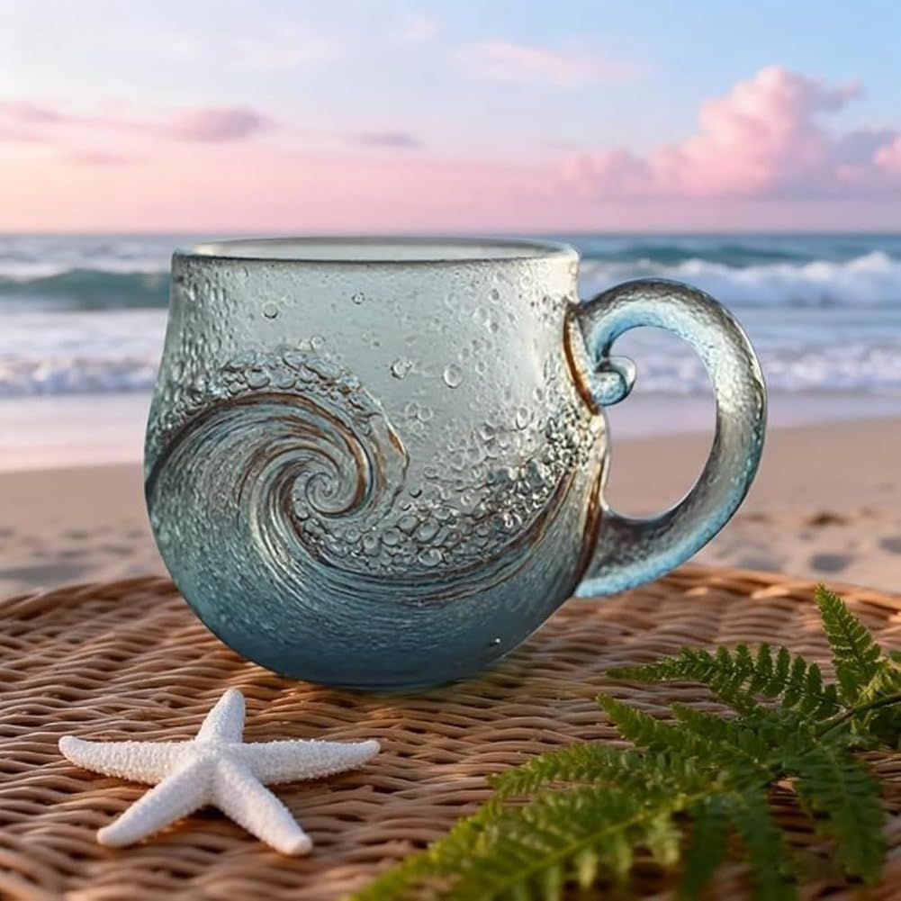 Detalle de WEISIPU Sea Wave Glass Mug – Handblown Sea Glass Wave 12 Ounce Drinkware