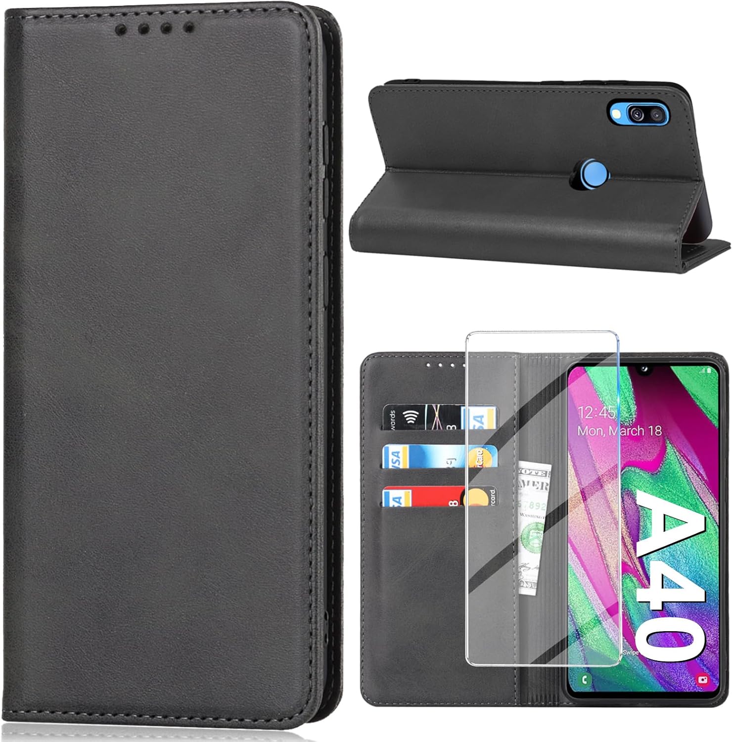 Detalle de Samsung Galaxy A40 Ledertasche mit Schutzfolie – Wallet Hülle Schwarz