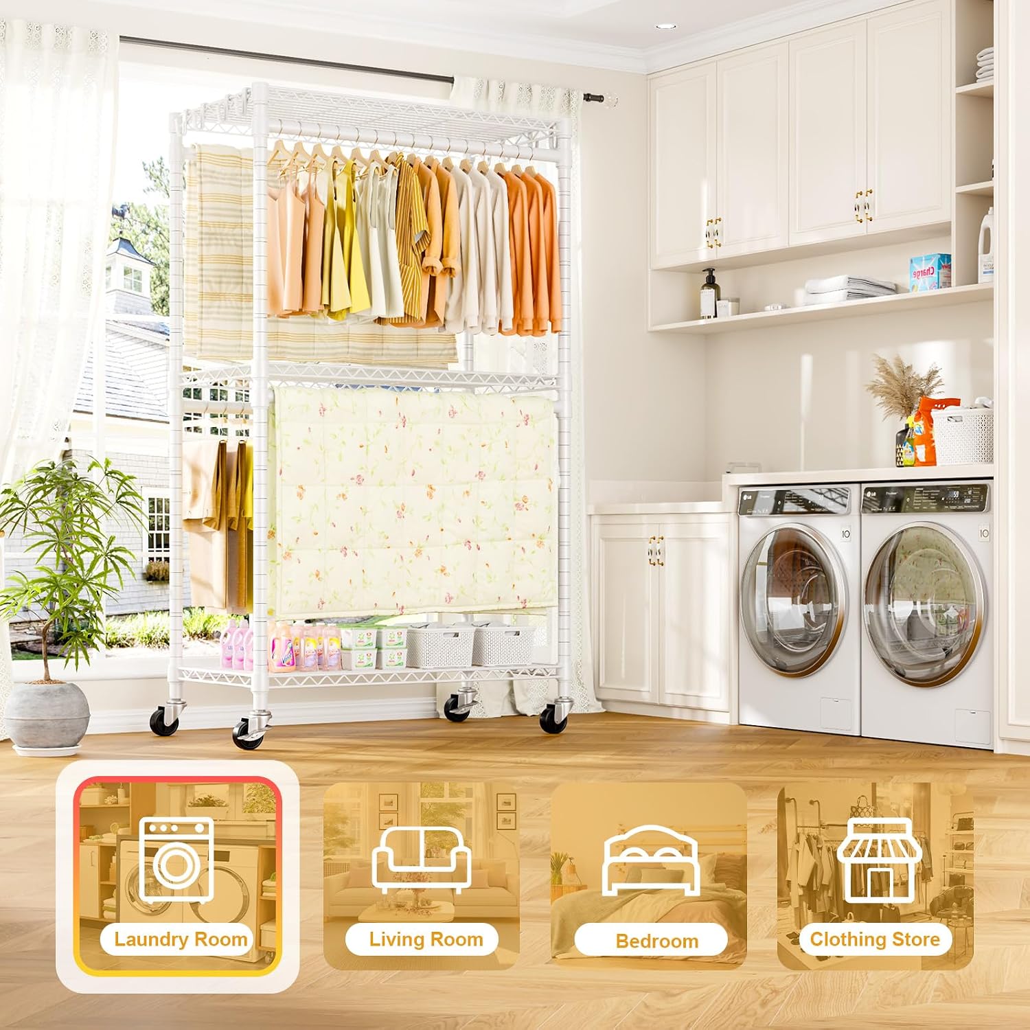 Thumbnail 6 de ULIFHOME P5 Rolling Clothes Rack with Double Rods, 3-Tier Shelves and Wheels