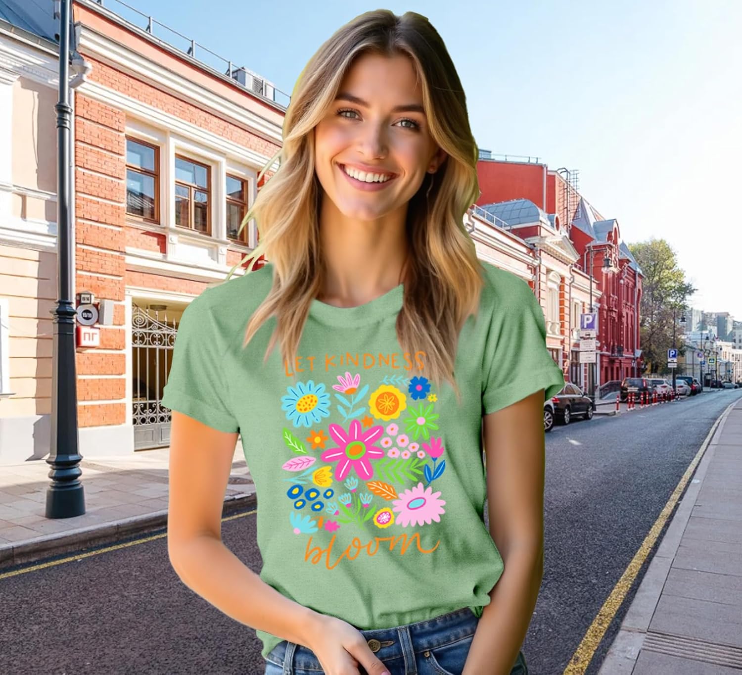 Detalle de Qskall Women’s “Flora Be Kind” T-Shirt – “Let Kindness Bloom” inspirational floral top