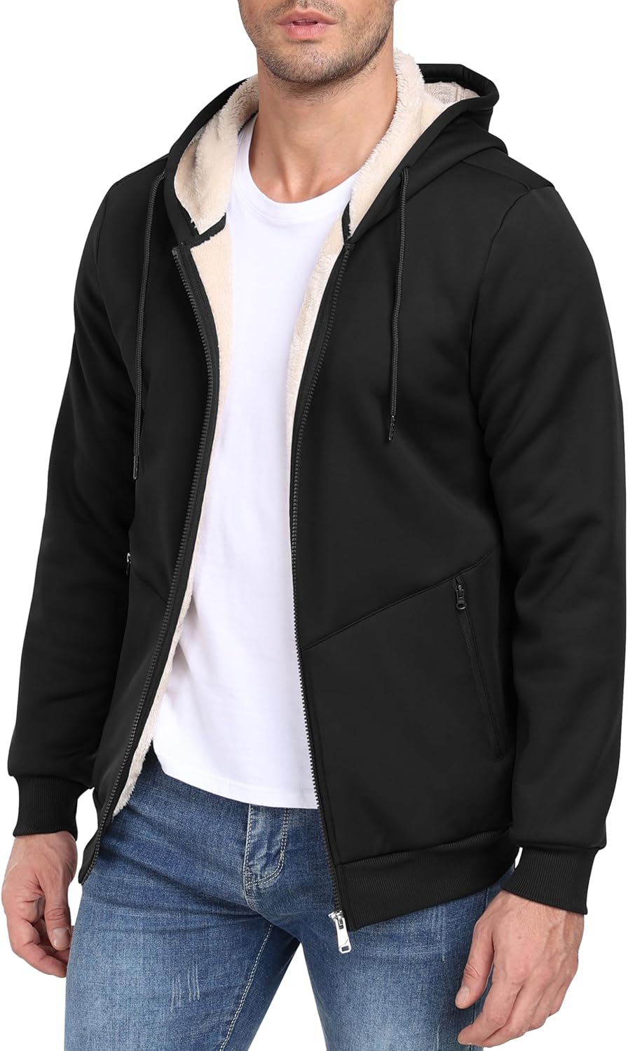 Thumbnail 3 de Veste à capuche en sherpa MoFiz pour homme, avec fermeture éclair intégrale et doublure polaire M-3XL