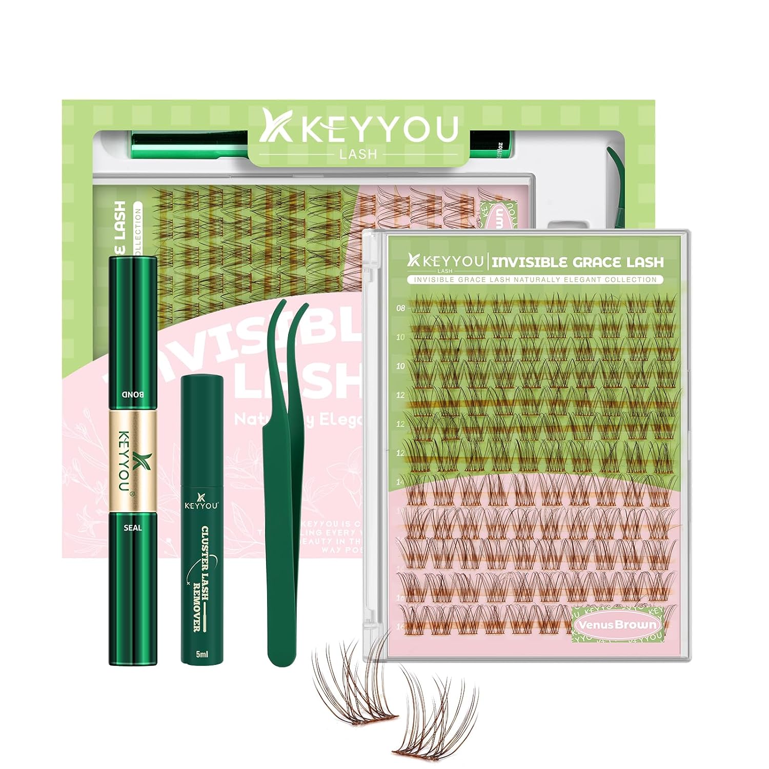 Detalle de KEYYOU Venus Brown Lash Clusters Kit: 120 Pcs of 8–16MM C Curl Wiry, Invisible Band DIY Lash Extensions at Home