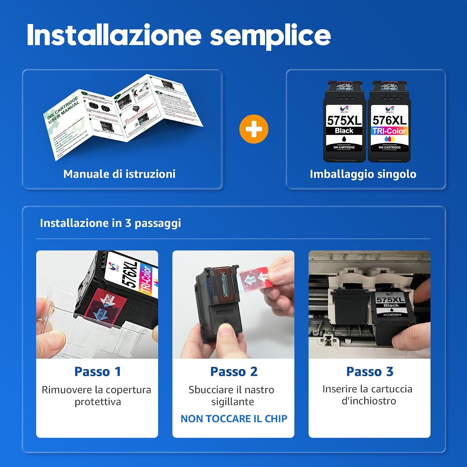 Detalle de ONLYU 575XL 576XL Cartuccia d'inchiostro Compatibile per Canon PIXMA TS/TR3650i/4750i serie — Nero e Tri-colore