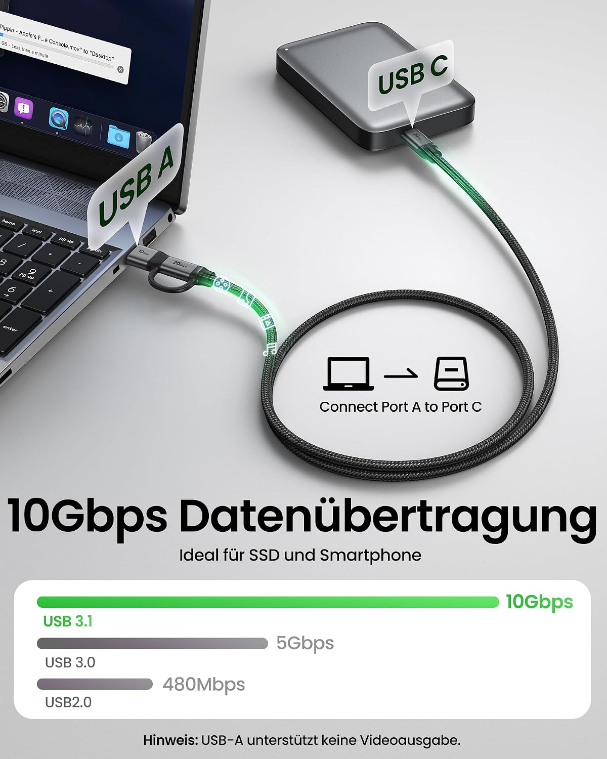 Detalle de Silkland USB-C Datenkabel Kurz 30 cm – 2-in-1 USB-C/USB-A Kabel, 20 Gbps, 240 W, DP Alt Mode, 5K/4K@60Hz