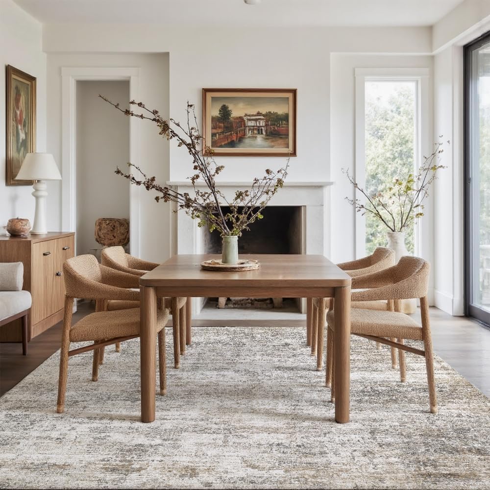 Detalle de Area Rug 8x10 Washable Rug in Grey and Beige — Non-Slip, Low-Pile Vintage Print for Living Room, Dining, and Bedroom