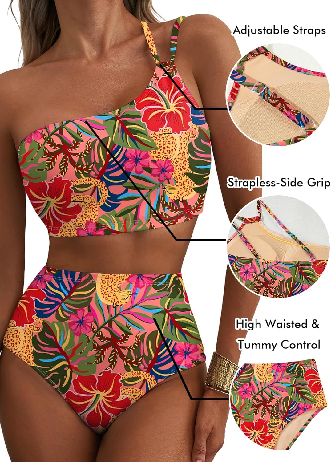 Thumbnail 3 de Herseas Women's High Waisted Bikini Sets One Shoulder Floral Print — 2 Piece Tummy Control Swimsuits