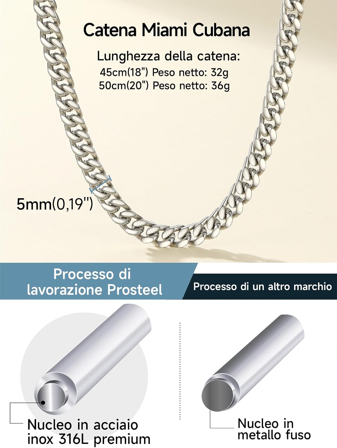 Thumbnail 6 de PROSTEEL collana punk a catena cubana in acciaio inox 316L, lunghezza 45/50 cm
