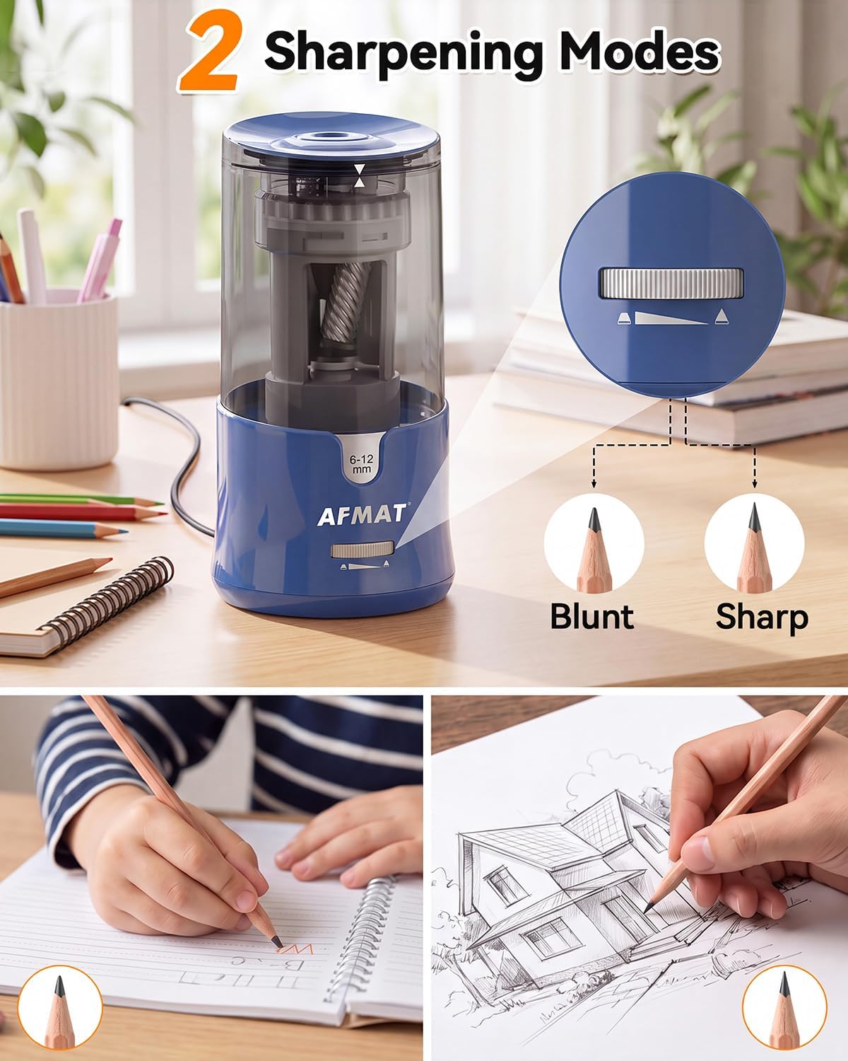 Detalle 2 de AFMAT PS93 Electric Pencil Sharpener for 6–12 mm Pencils, Auto Stop, 2 Settings