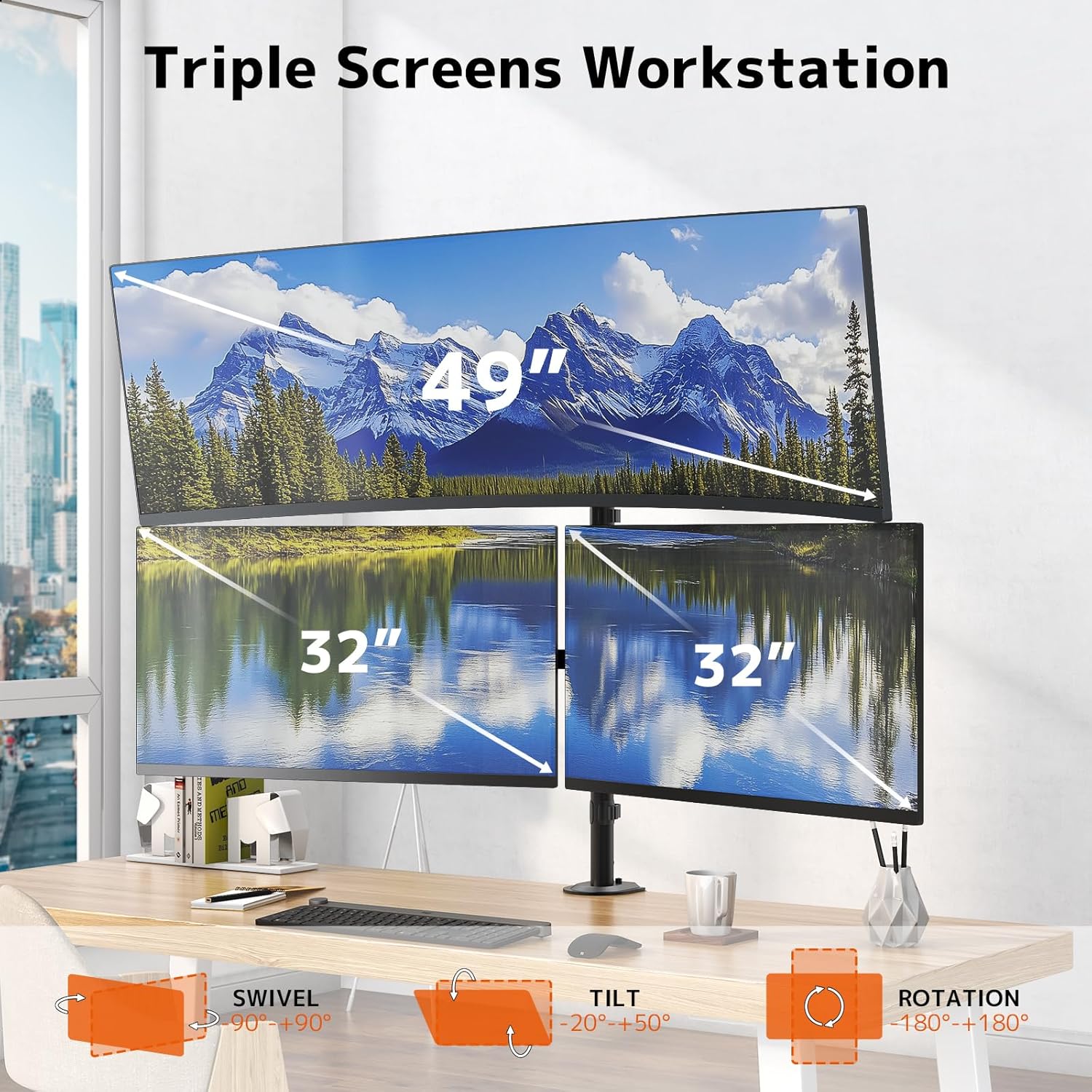 Thumbnail 1 de Triple Monitor Arm for up to 49" Ultrawides with 32" Pole – Heavy Duty Mount for 3 Screens (Top + Side Brackets), VESA 75/100, Black