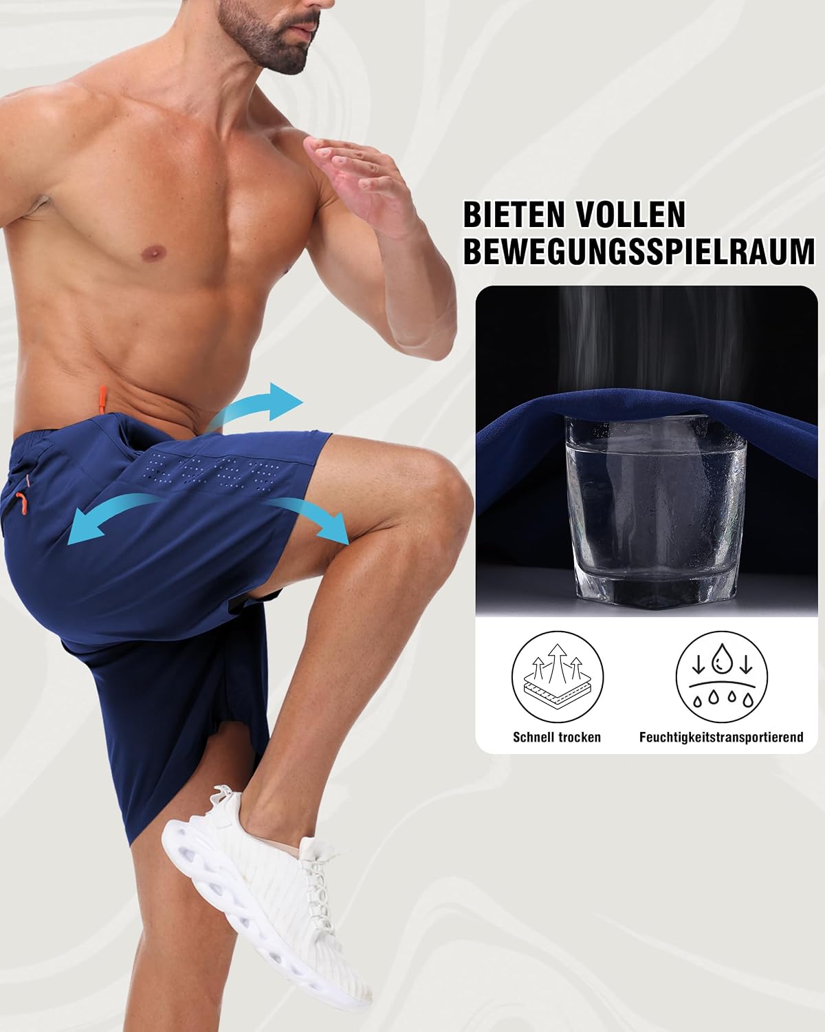 Detalle 2 de Zoofly 2er Pack Herren Sportshorts Sommer mit Reißverschluss-Taschen – Atmungsaktiv, schnell trocknend