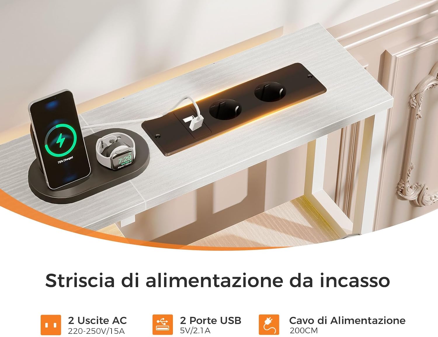 Detalle 2 de Coleshome Scrivania Gaming con LED, prese e 2 cassetti, 140x48 cm, tavolo reversibile con supporto monitor e vassoio tastiera (bianco)